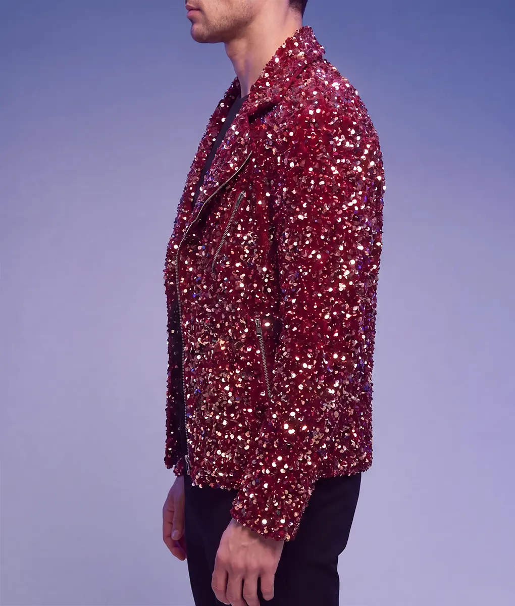 Mens Red Double Rider Sequin Jacket-Side
