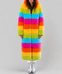 Womens Rainbow Faux Fur Coat-Front