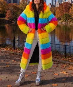 Womens Rainbow Faux Fur Coat-Front