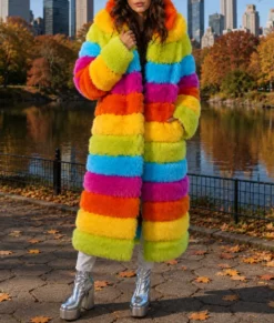 Womens Rainbow Faux Fur Coat-Front