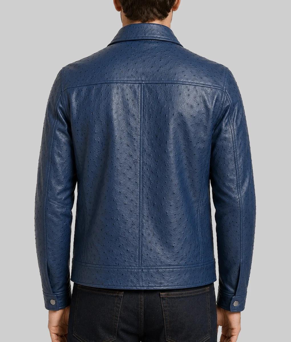 Archibald Men's Blue Ostrich Leather Harrington Jacket-Back
