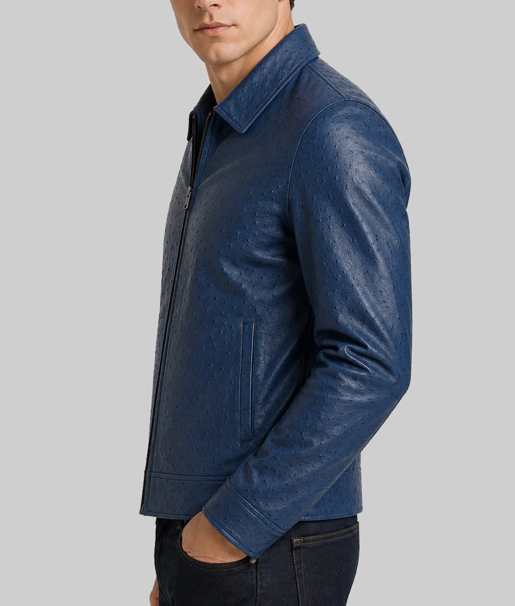 Archibald Men's Blue Ostrich Leather Harrington Jacket-Side1