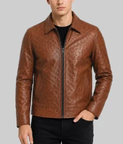 Archibald Men's Brown Ostrich Leather Harrington Jacket-Front