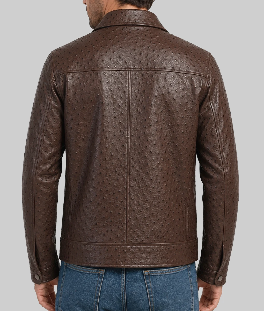 Archibald Men's Dark Brown Ostrich Leather Harrington Jacket-Back