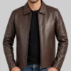 Archibald Men's Dark Brown Ostrich Leather Harrington Jacket-Front