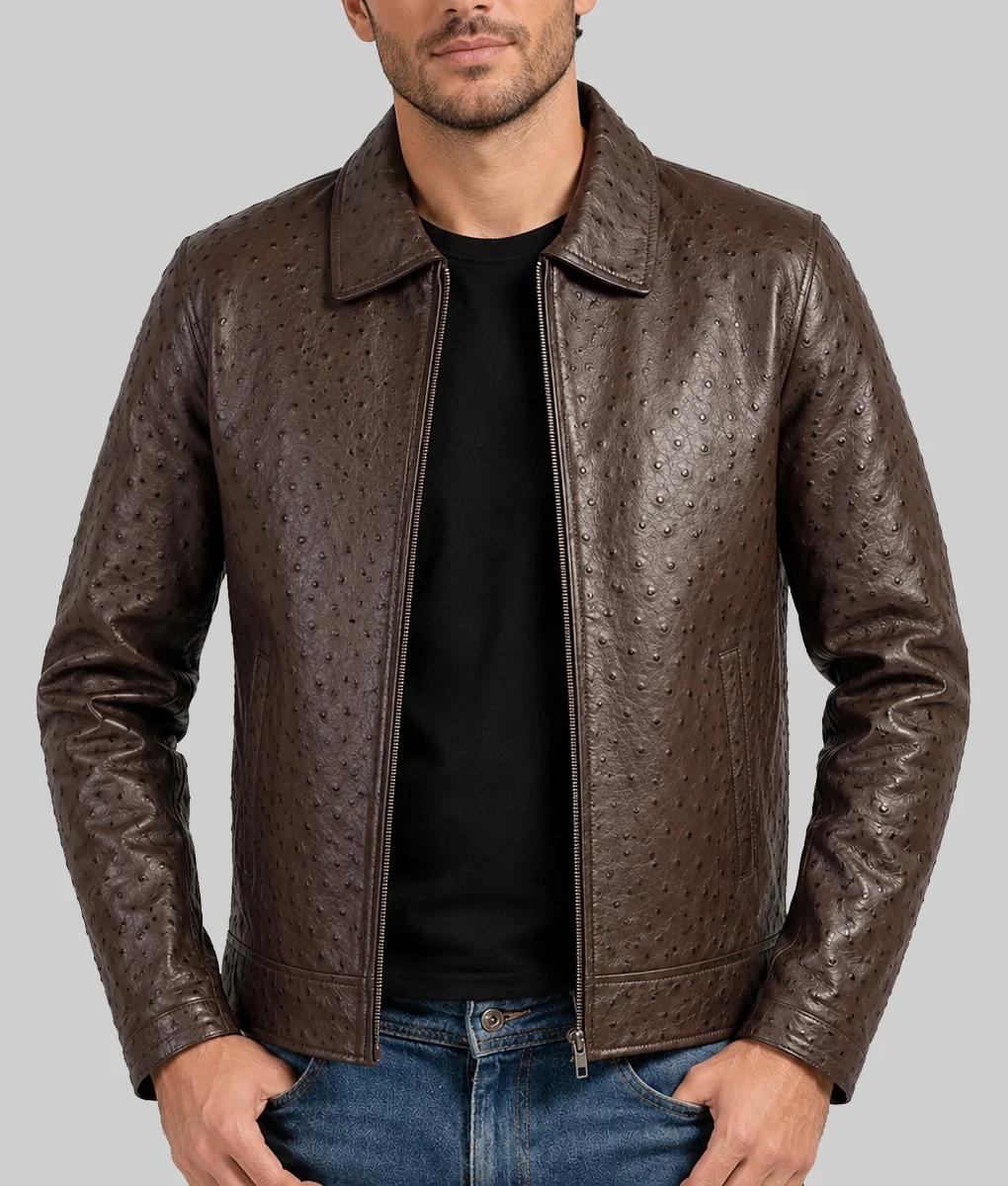 Archibald Men's Dark Brown Ostrich Leather Harrington Jacket-Front