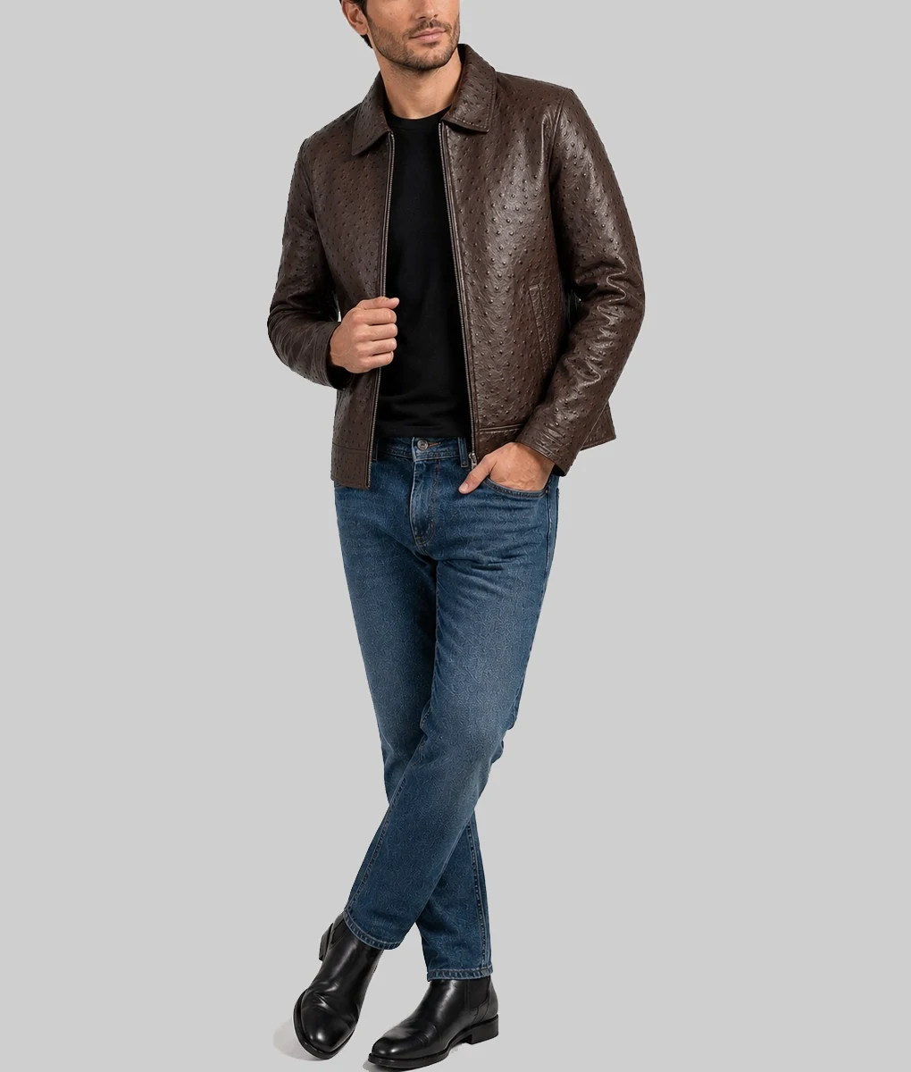 Archibald Men's Dark Brown Ostrich Leather Harrington Jacket-Side 1