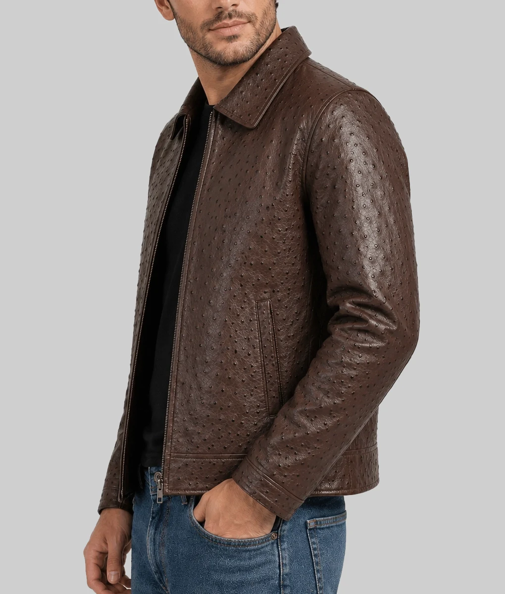 Archibald Men's Dark Brown Ostrich Leather Harrington Jacket-Side