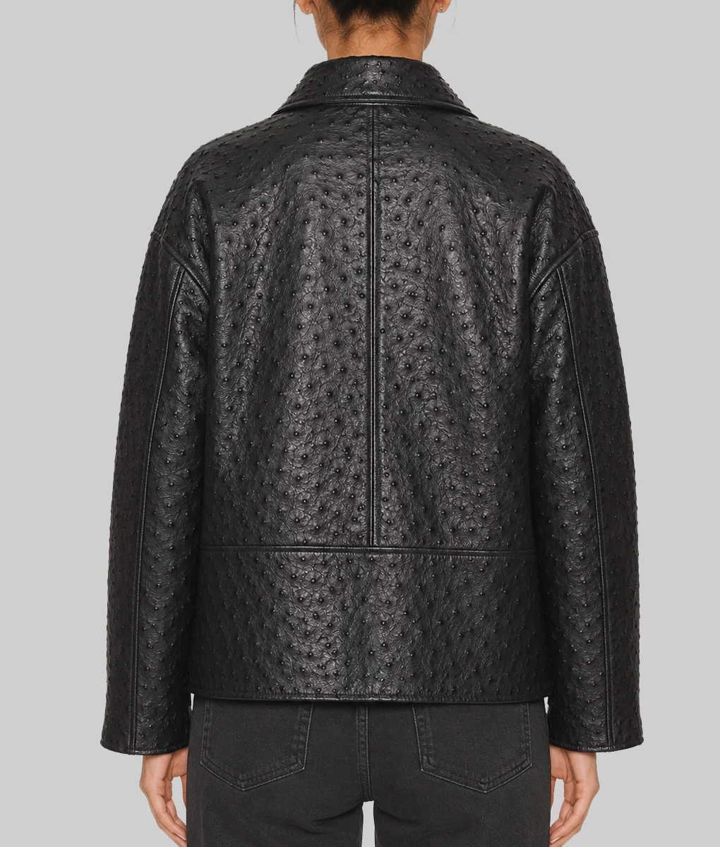 Catherine Women’s Black Ostrich Leather Oversized Bomber Jacket-Back