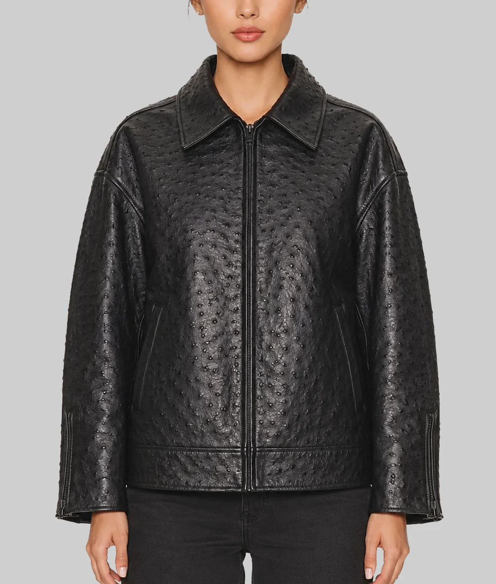 Catherine Women’s Black Ostrich Leather Oversized Bomber Jacket-Front