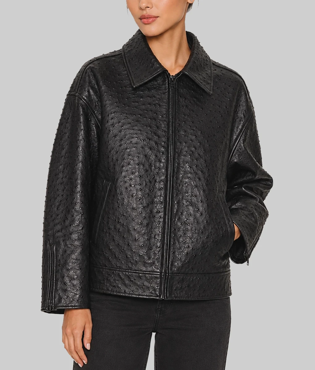 Catherine Women’s Black Ostrich Leather Oversized Bomber Jacket-Side