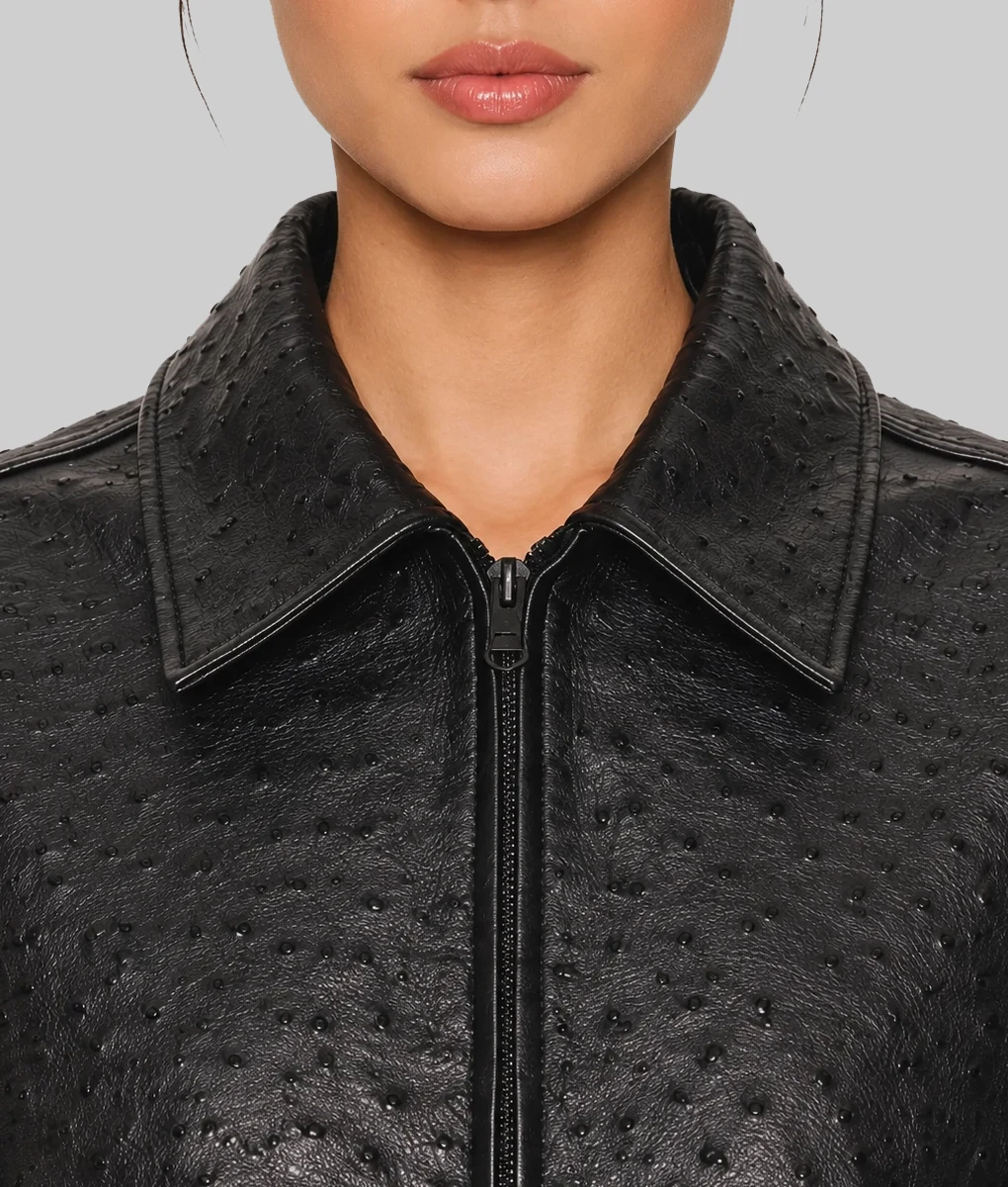 Catherine Women’s Black Ostrich Leather Oversized Bomber Jacket-Zoom
