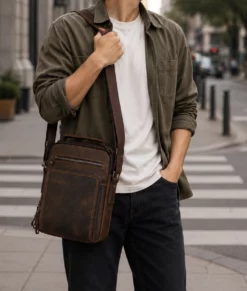 Men’s Dark Brown Leather Crossbody Travel Bag