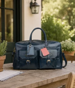Men’s Navy Blue Leather Travel Duffel Bag