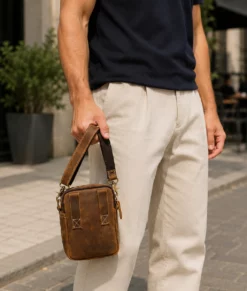 Men’s Vintage Brown Leather Crossbody Travel Bag