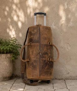 Men’s Vintage Brown Leather Rolling Duffel Travel Bag