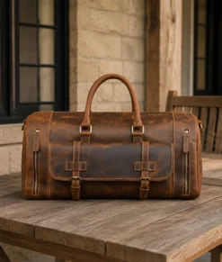 Men’s Vintage Brown Leather Weekender Travel Duffel Bag