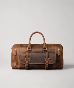 Men’s Vintage Brown Leather Weekender Travel Duffel Bag