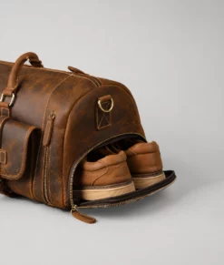 Men’s Vintage Brown Leather Weekender Travel Duffel Bag