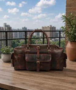 Men’s Vintage Dark Brown Leather Weekender Travel Duffel Bag