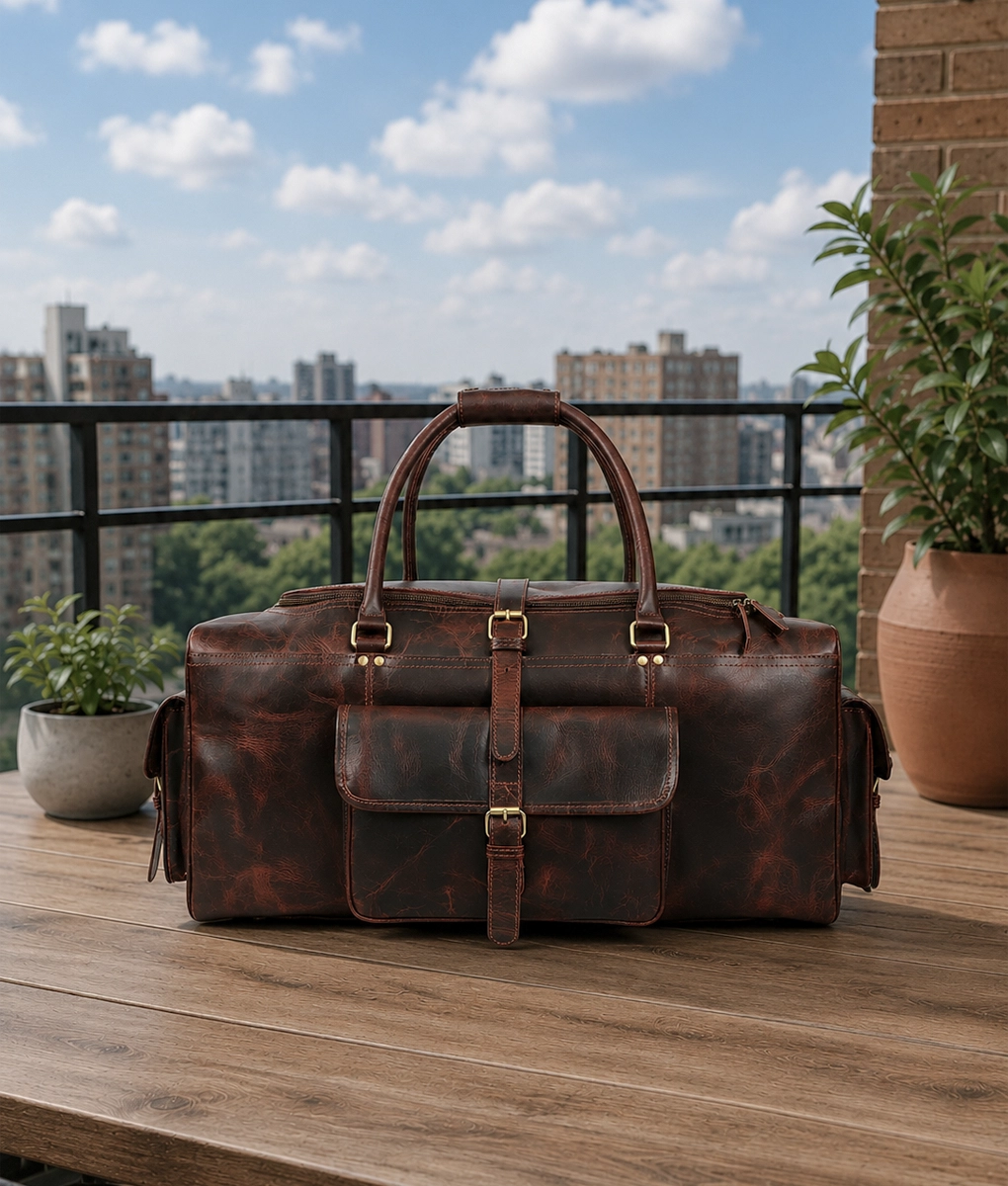 Men’s Vintage Dark Brown Leather Weekender Travel Duffel Bag