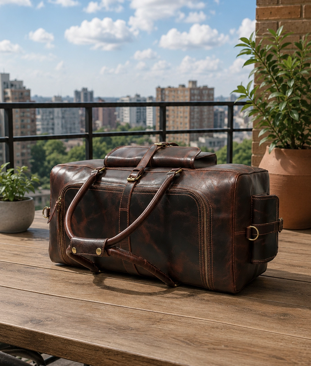 Men’s Vintage Dark Brown Leather Weekender Travel Duffel Bag