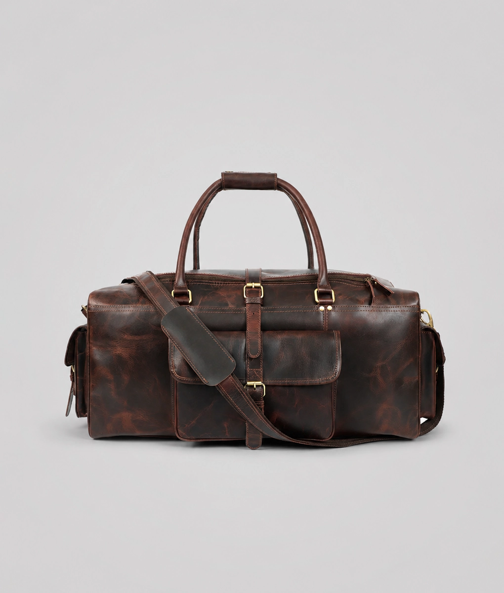 Men’s Vintage Dark Brown Leather Weekender Travel Duffel Bag