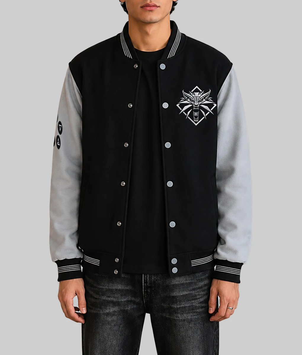 The Witcher 3 Black and Grey Varsity Jacket-Front Male