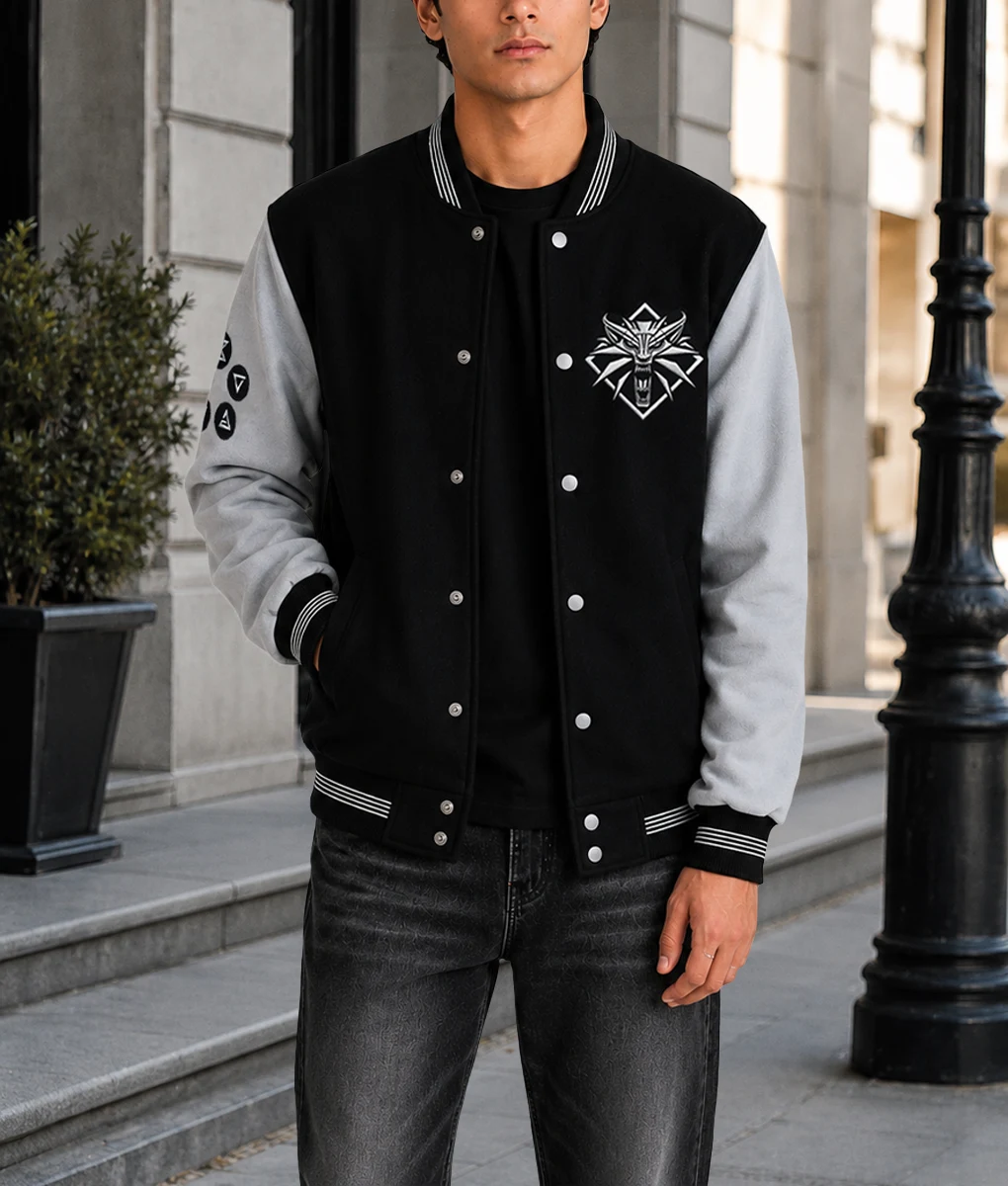 The Witcher 3 Black and Grey Varsity Jacket-Front Male