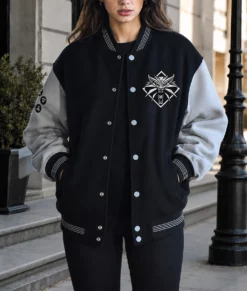 The Witcher 3 Black and Grey Varsity Jacket-Front Female