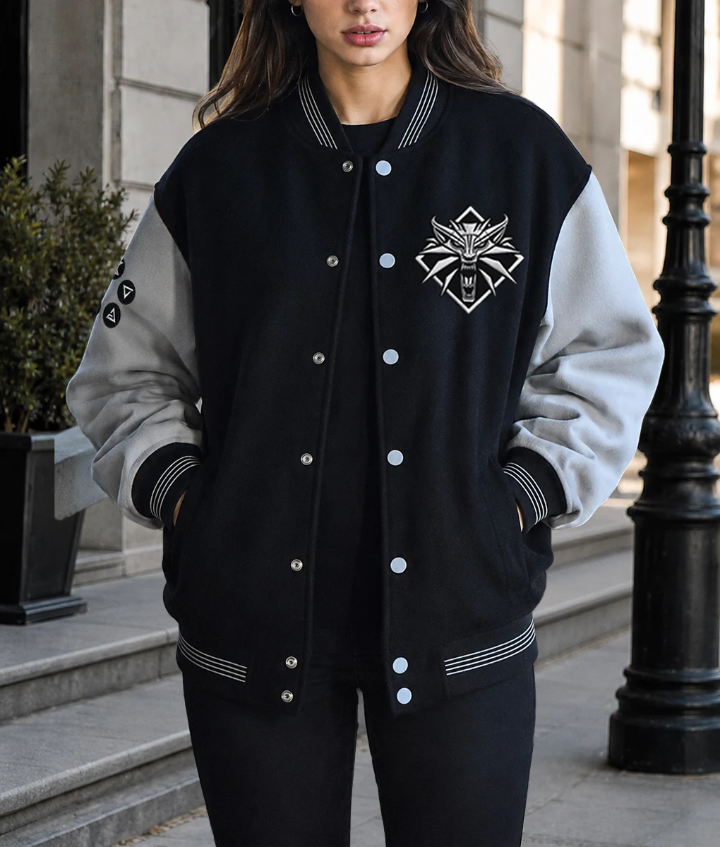 The Witcher 3 Black and Grey Varsity Jacket-Front Female