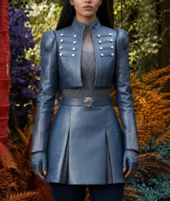 Malia Baker Blue Cropped Leather Jacket-Front