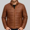 Men's Brown Distressed Leather Puffer Jacket-Front