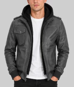 Men's Charcoal Grey Hooded Leather Bomber Jacket-Front