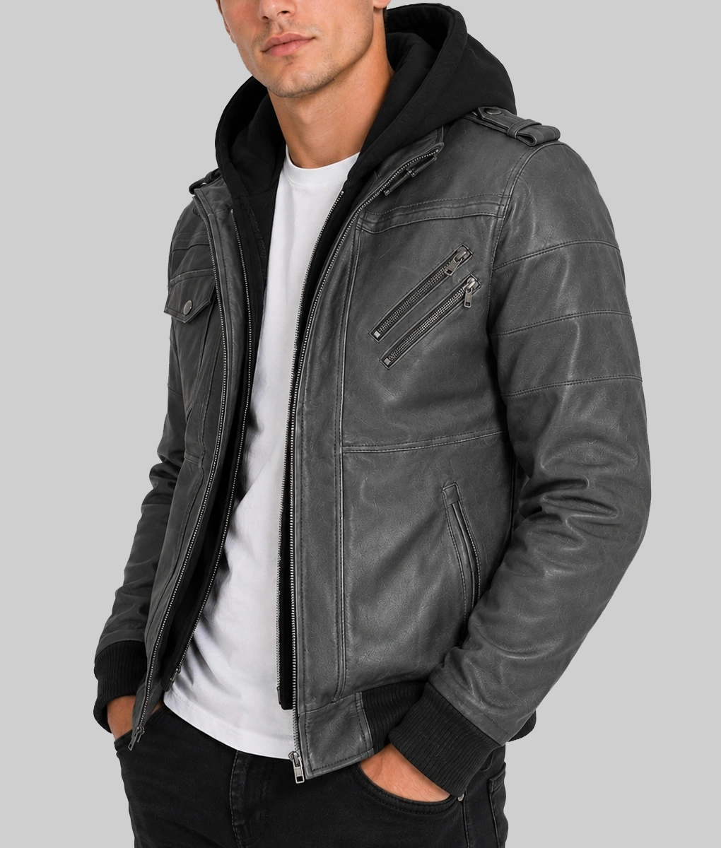 Men's Charcoal Grey Hooded Leather Bomber Jacket-Side