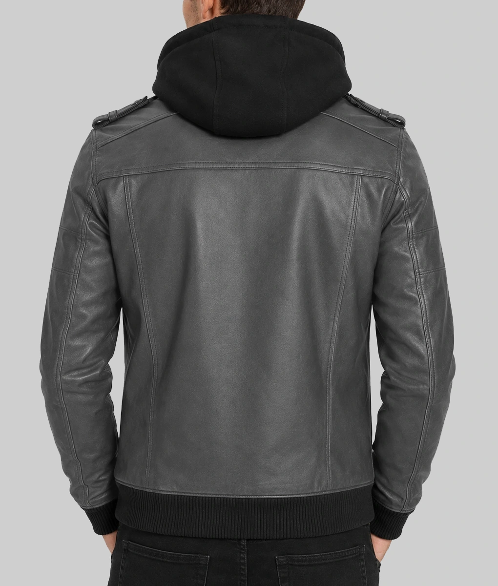 Men's Charcoal Grey Hooded Leather Bomber Jacket-Back