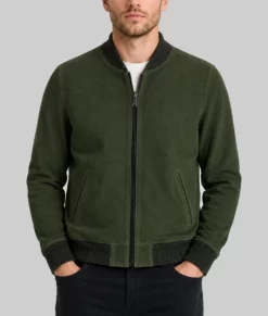 Men's Dark Olive Green Suede Leather Bomber Jacket-Front