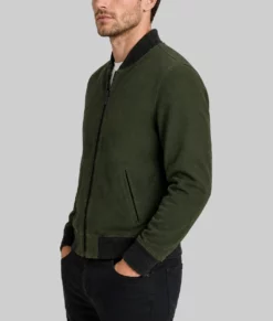 Men's Dark Olive Green Suede Leather Bomber Jacket-Side