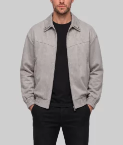 Men's Light Grey Suede Leather Bomber Jacket-Front
