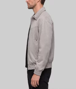 Men's Light Grey Suede Leather Bomber Jacket-Side