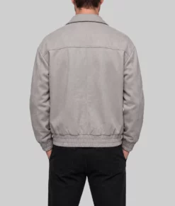 Men's Light Grey Suede Leather Bomber Jacket-Back