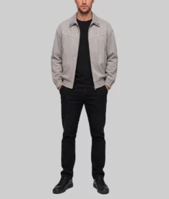 Men's Light Grey Suede Leather Bomber Jacket-Front Full