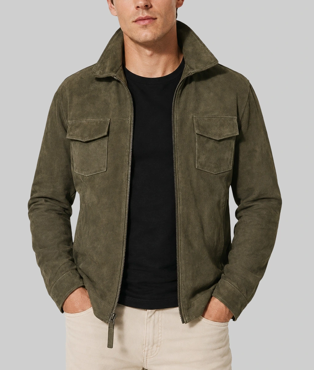 Men's Olive Green Suede Leather Jacket-Front