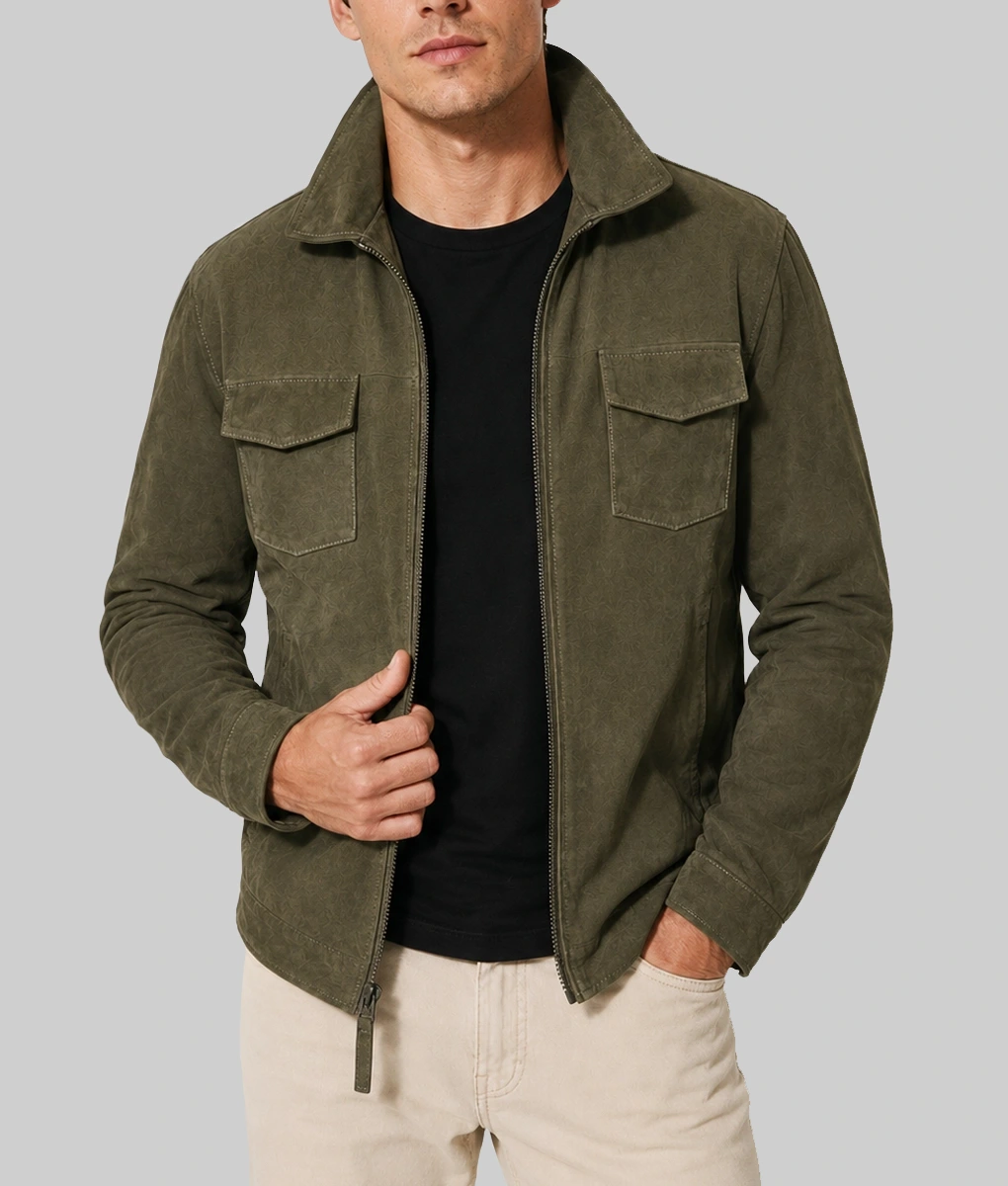 Men's Olive Green Suede Leather Jacket-Front 1