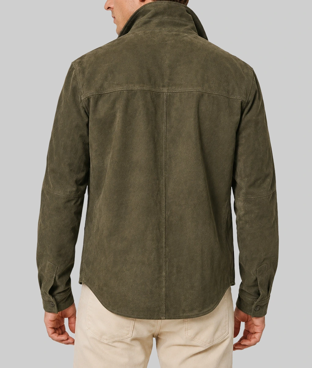 Men's Olive Green Suede Leather Jacket-Back