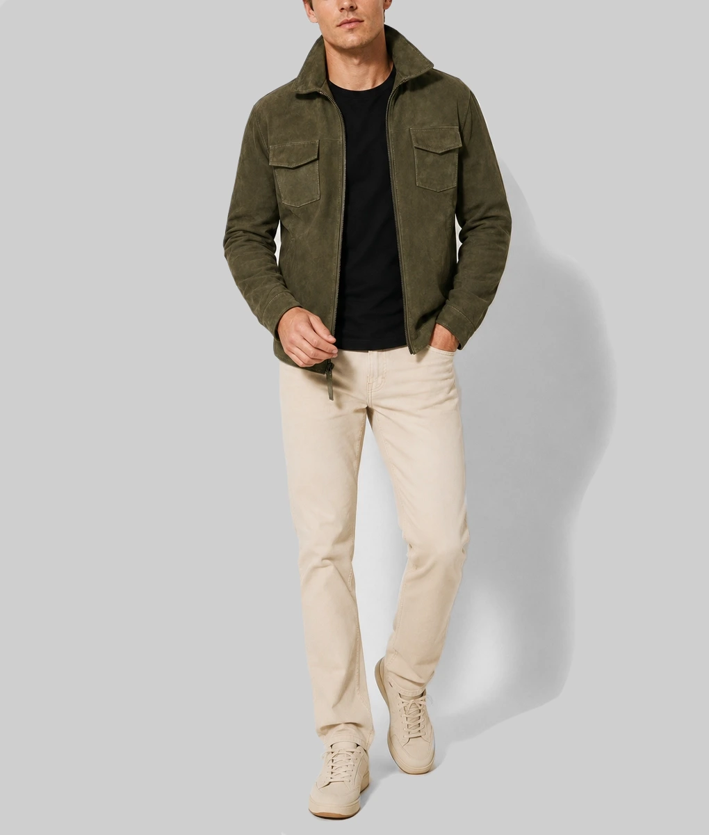 Men's Olive Green Suede Leather Jacket-Front Full