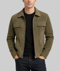 Men’s Olive Green Suede Leather Trucker Jacket-Front