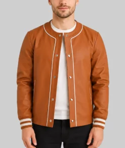 Men’s Round Neck Tan Leather Varsity Jacket-Front
