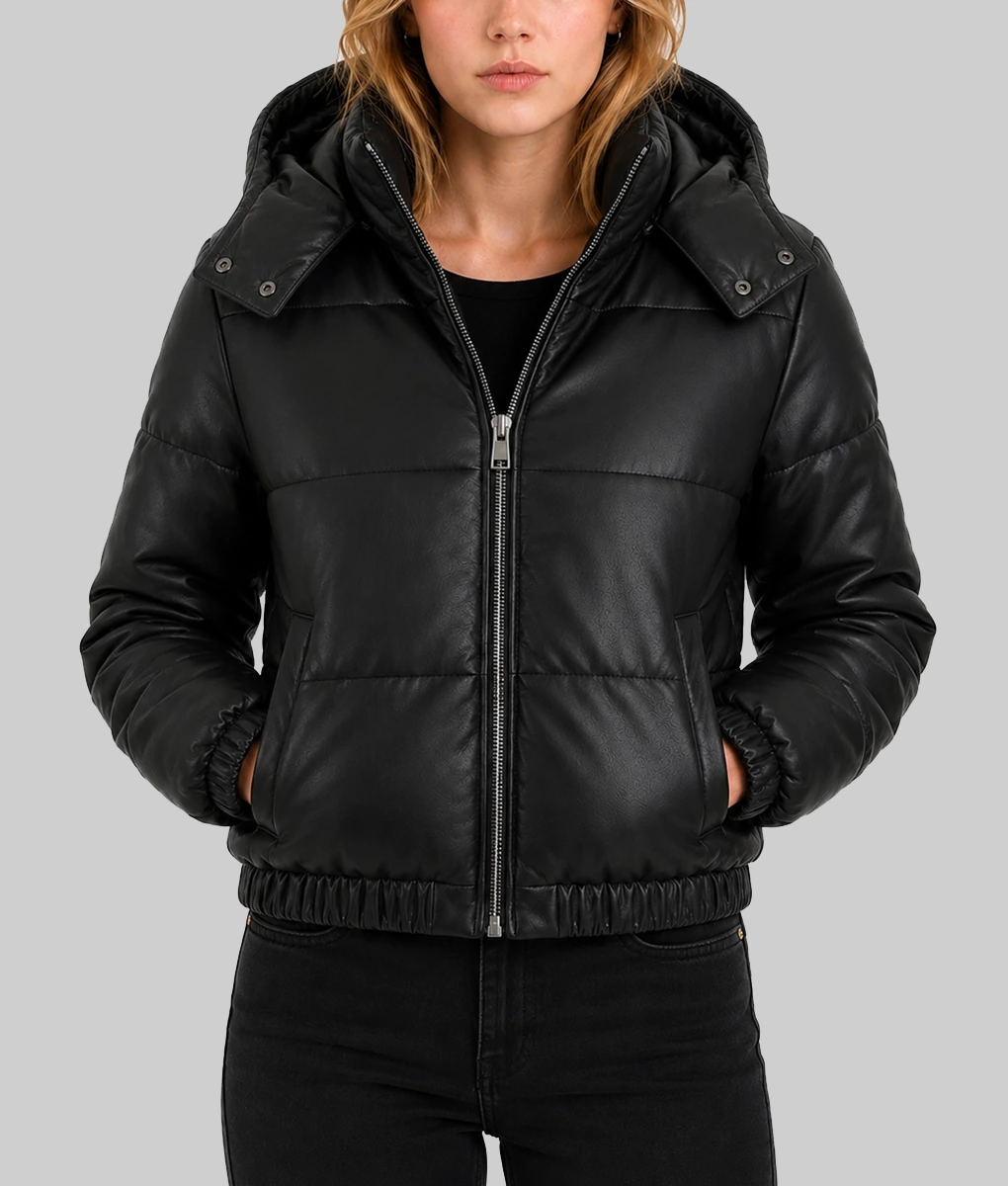 Women's Black Hooded Leather Puffer Jacket-Front