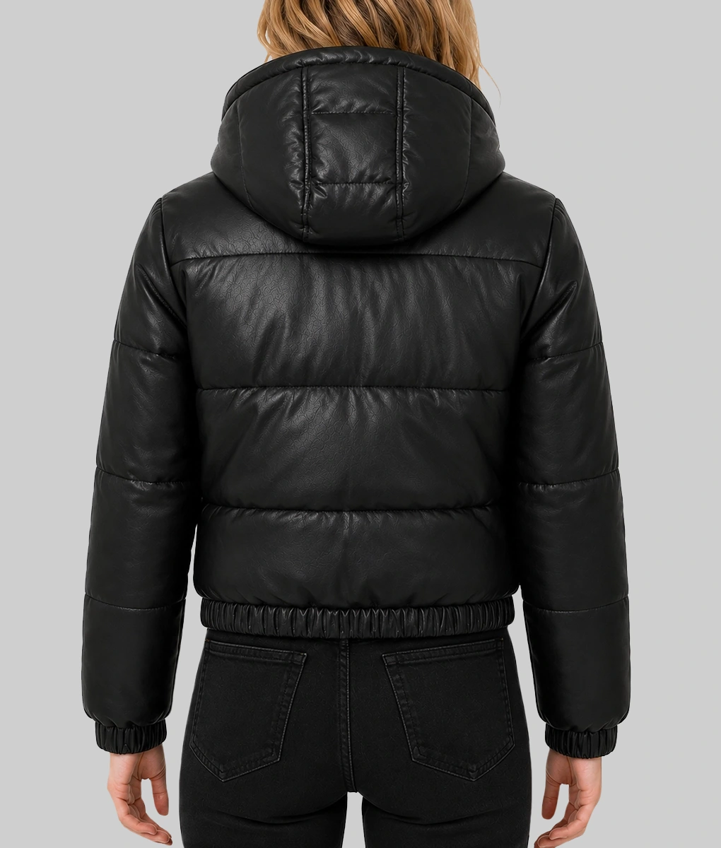 Women's Black Hooded Leather Puffer Jacket-Back